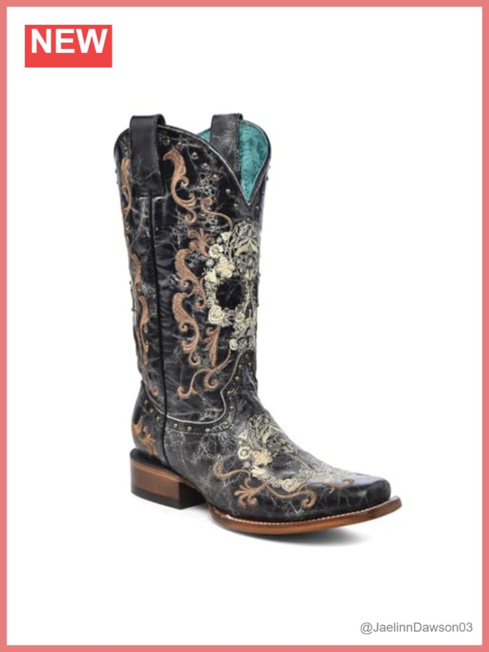 Handcrafted Square Toe Cowboy Boots with Floral Sugar Skull Design